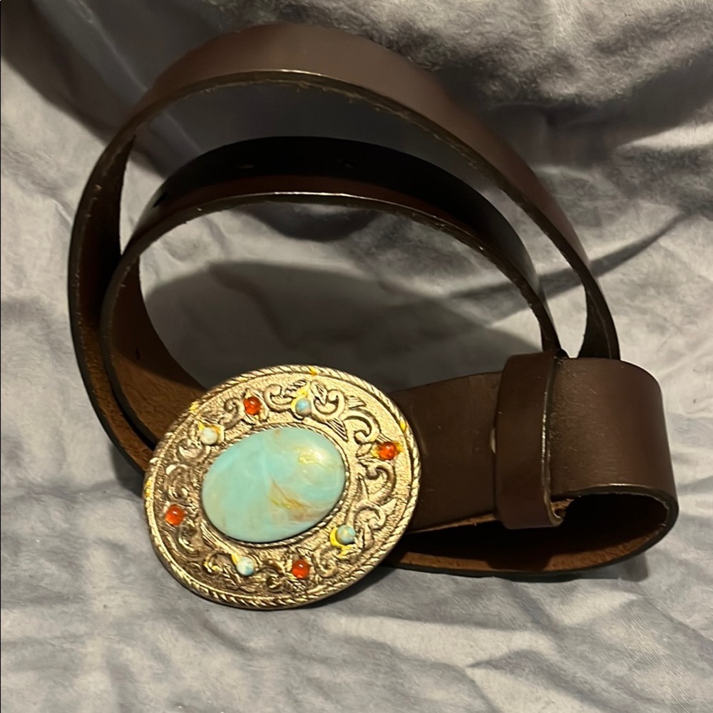 Brown Leather Belt with Turquoise/Silver-colored Buckle